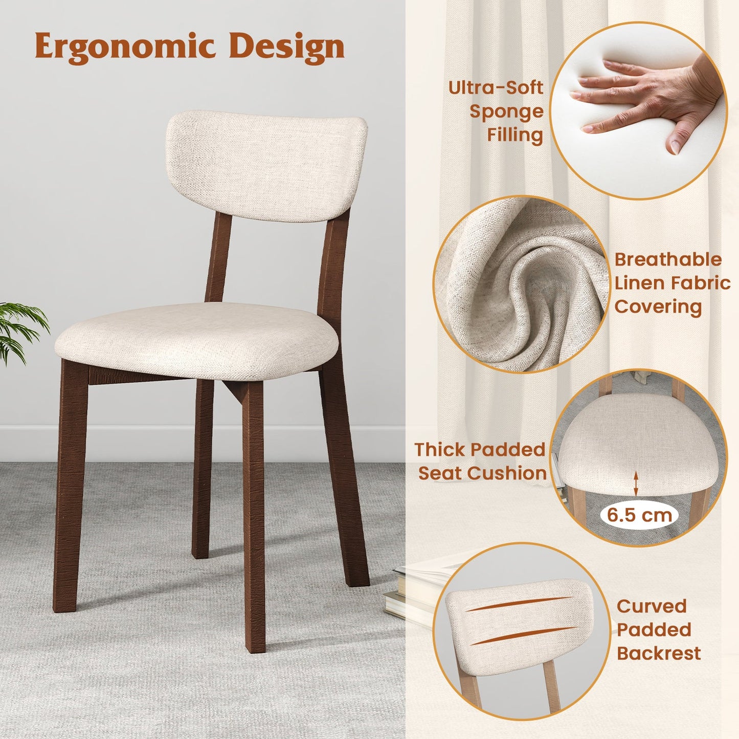 Ergonomic chair from 5-Piece Dining Table Set for 4 with Rubber Wood Frame and Padded Set-Brown, featuring padded seat and backrest.