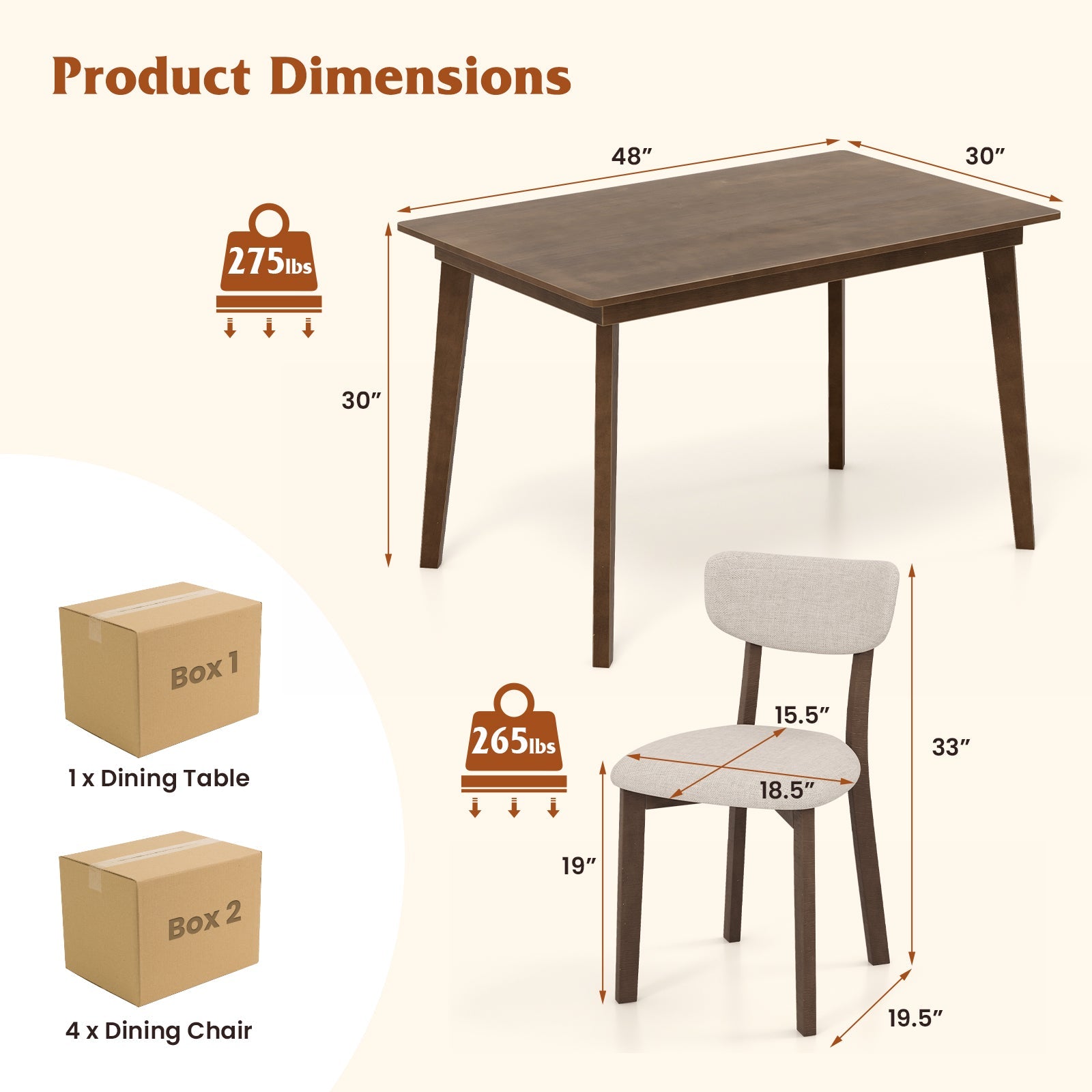 5-Piece Dining Table Set for 4 with Rubber Wood Frame and Padded Set-Brown dimensions and weight capacity illustration