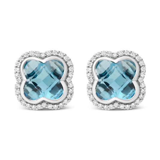 18K White Gold 3/8 Cttw Diamond and 11x11mm Clover-Cut London Blue Topaz Gemstone Halo Clover Stud Earrings (G-H Color, SI1-SI2 Clarity)