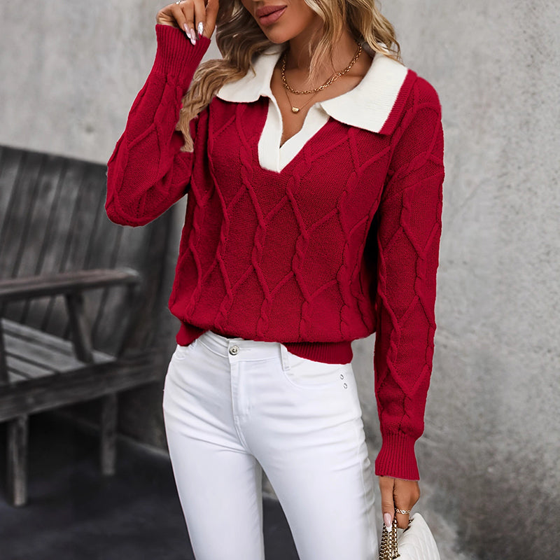 🧶 Women’s Lapel V-Neck Color-Block Long-Sleeve Pullover Sweater
