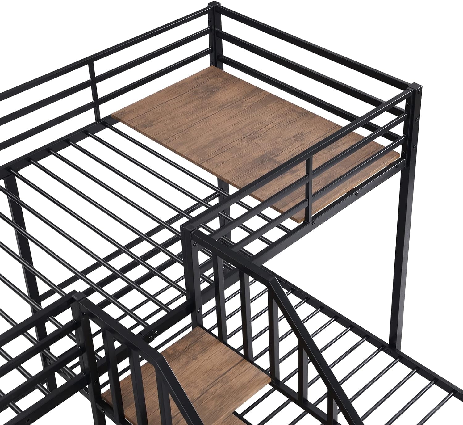 Metal Triple Bunk Bed With Stairs Black Three Beds with sturdy metal frame and wood accents, ideal for maximizing space and style.