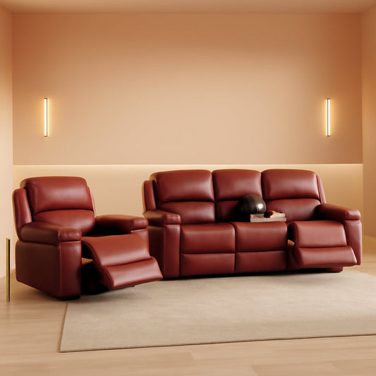 Manual Recliner Sofa Set Red Bonded Leather With Cup Holders in modern living room setting
