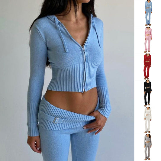 Long Sleeve Sweater And High Waist Long Pants Set in blue from Diversi Fashion, showcasing cozy and stylish design for women.