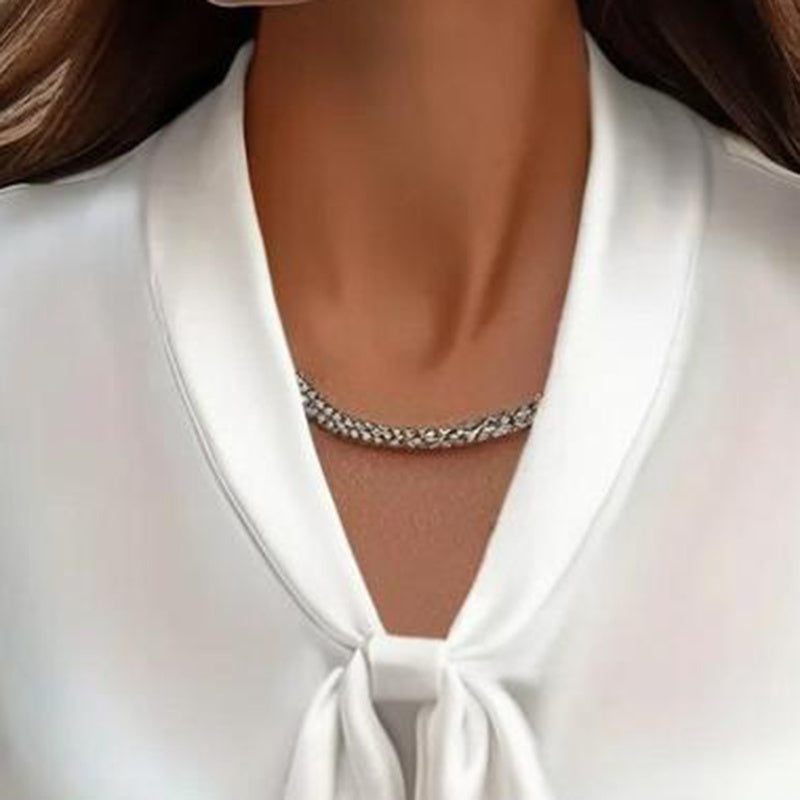 Elegant Satin Ribbon Blouse — Long Sleeve Button-Down Work Shirt with neck tie detail