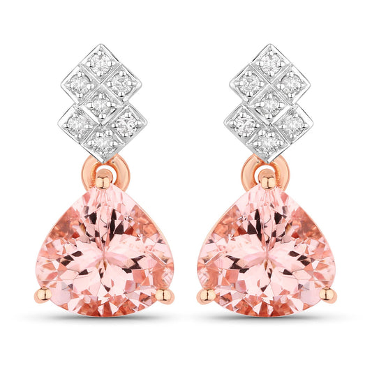 3.31 Carat Genuine Morganite and White Diamond 14K Rose Gold Earrings