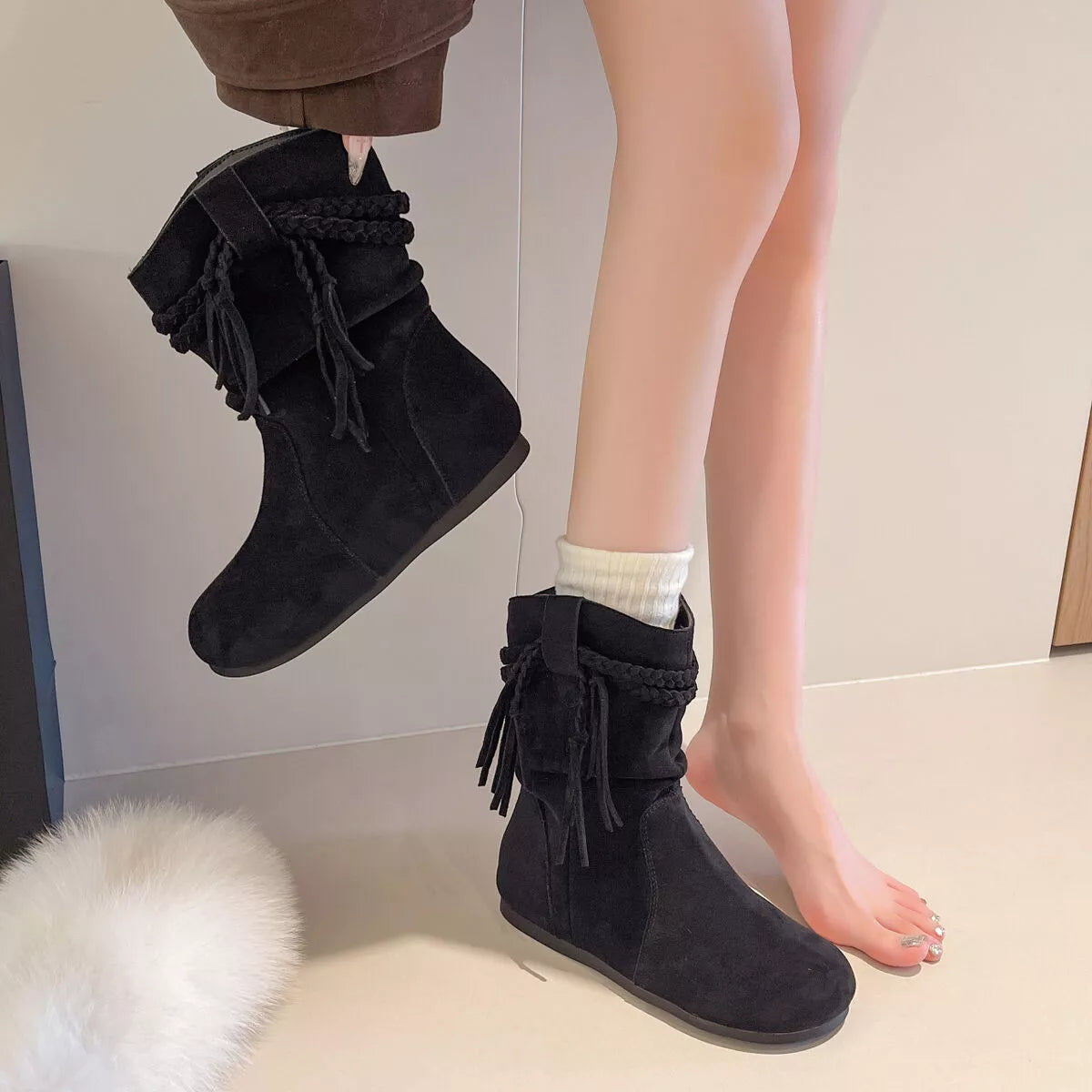 Suede Fringe Round Toe Boots with Block Heel