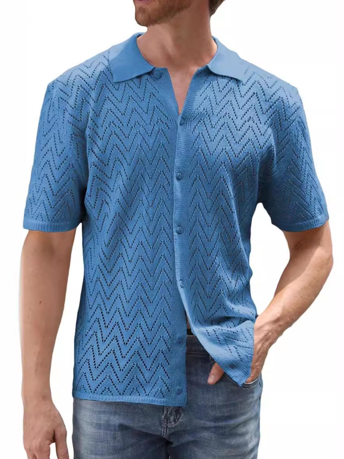 Openwork Button Down Short Sleeve Shirt