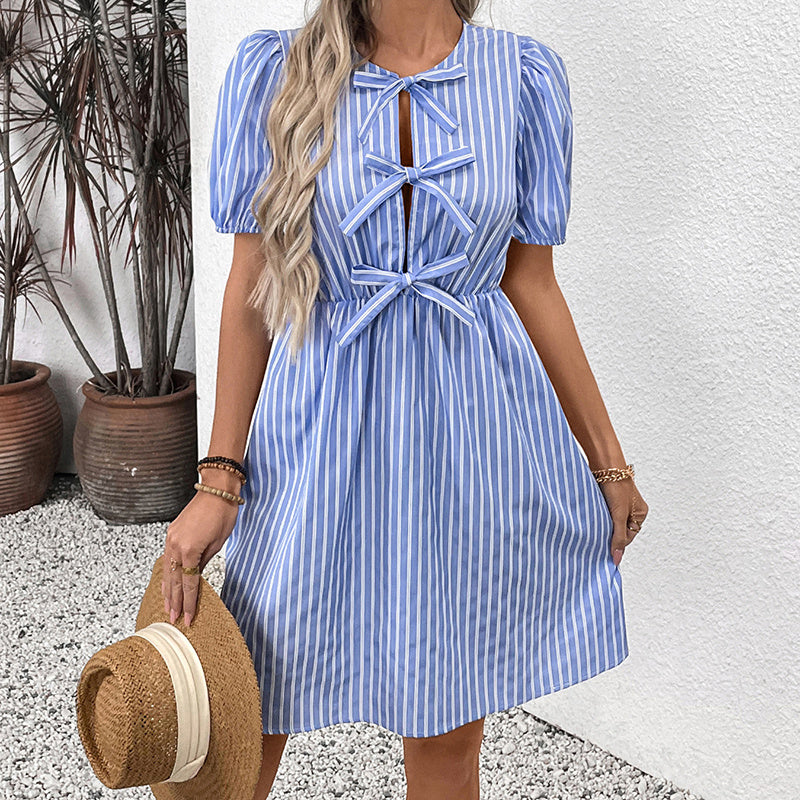 Women’s Striped Tie-Front Puff Sleeve Mini Dress
