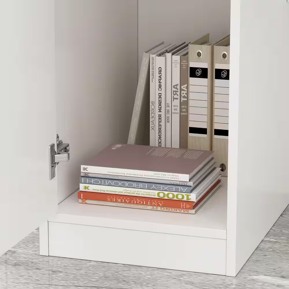Interior of a Natural White Corner Computer Desk with Hutch and Storage showing shelf space with books and files neatly organized.