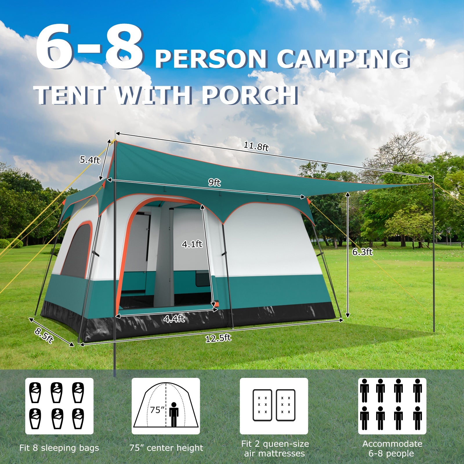 6-8 Person Camping Tent with Double Rooms and 2 Doors-Green with porch, showing dimensions and features for outdoor use.