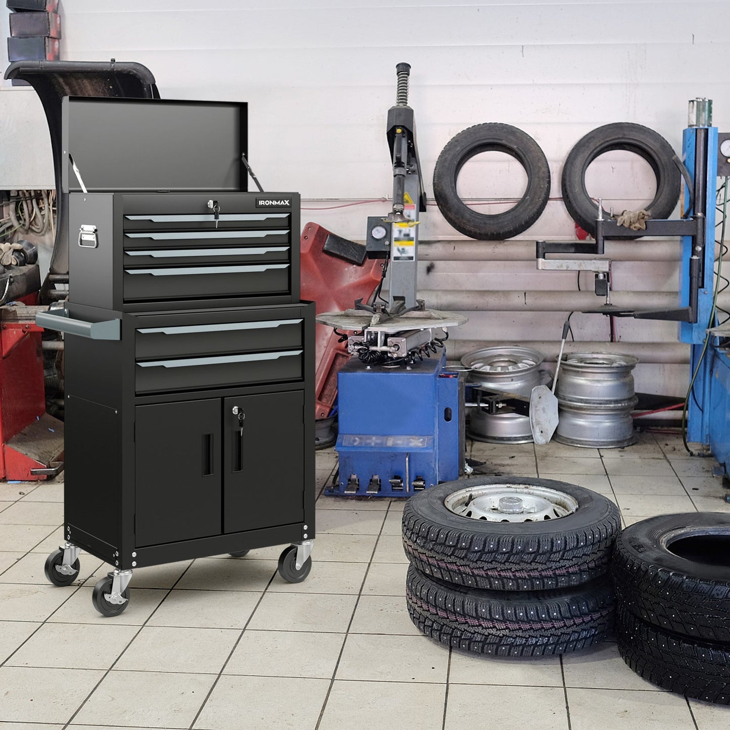 6-Drawer Rolling Tool Storage Chest Cabinet with Universal Wheels and Hooks-Black in an auto workshop
