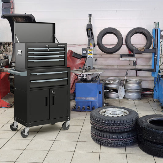 6-Drawer Rolling Tool Storage Chest Cabinet with Universal Wheels and Hooks-Black in an auto workshop