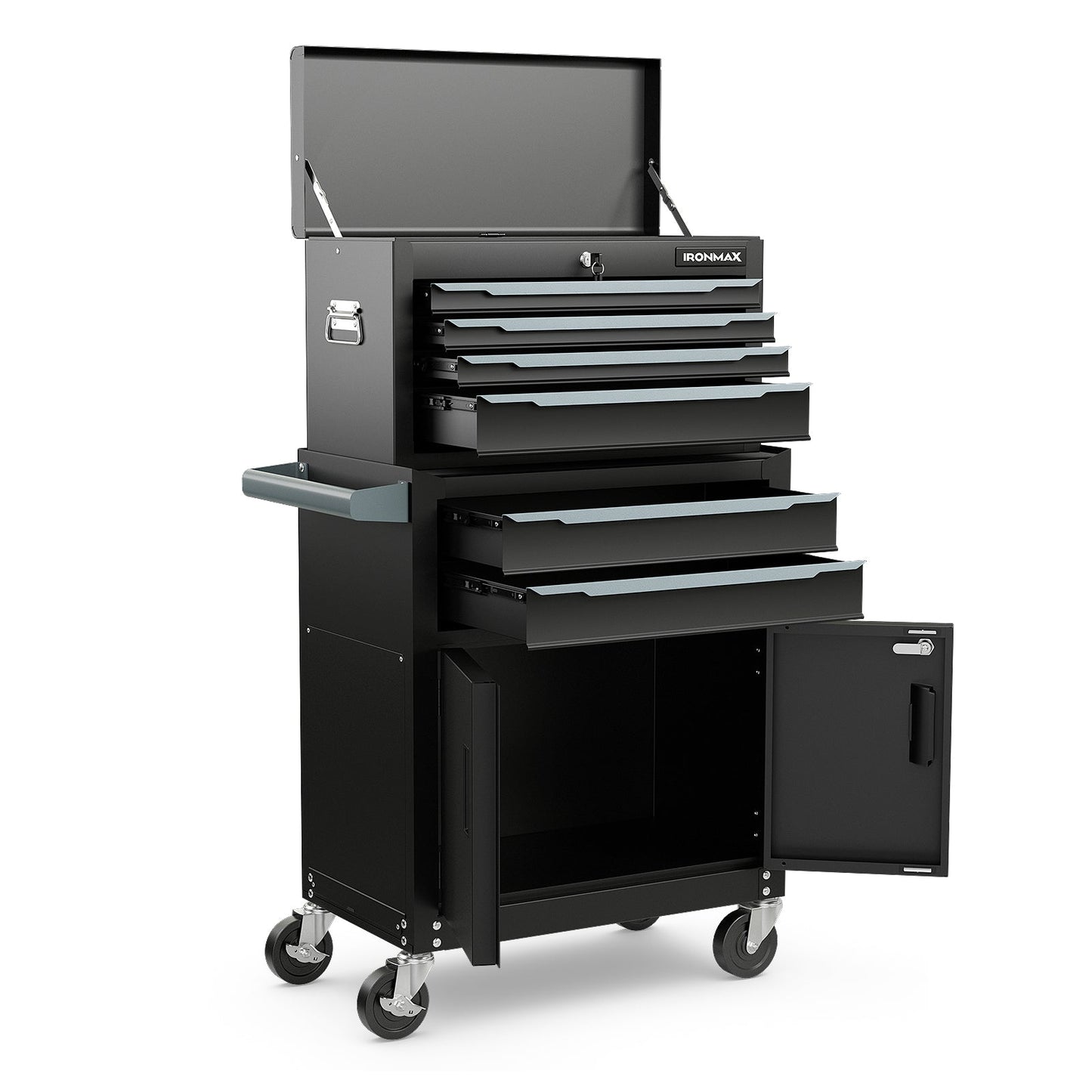 6-Drawer Rolling Tool Storage Chest Cabinet with Universal Wheels and Hooks-Black featuring spacious design and secure lock system.