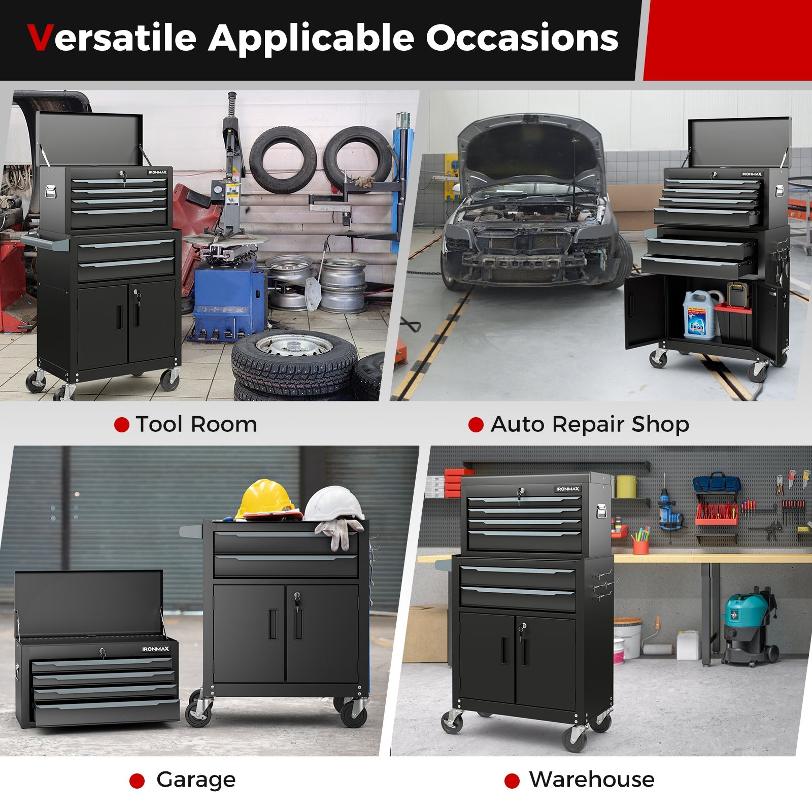 Versatile 6-Drawer Rolling Tool Storage Chest Cabinet with Universal Wheels and Hooks-Black in workshop settings.