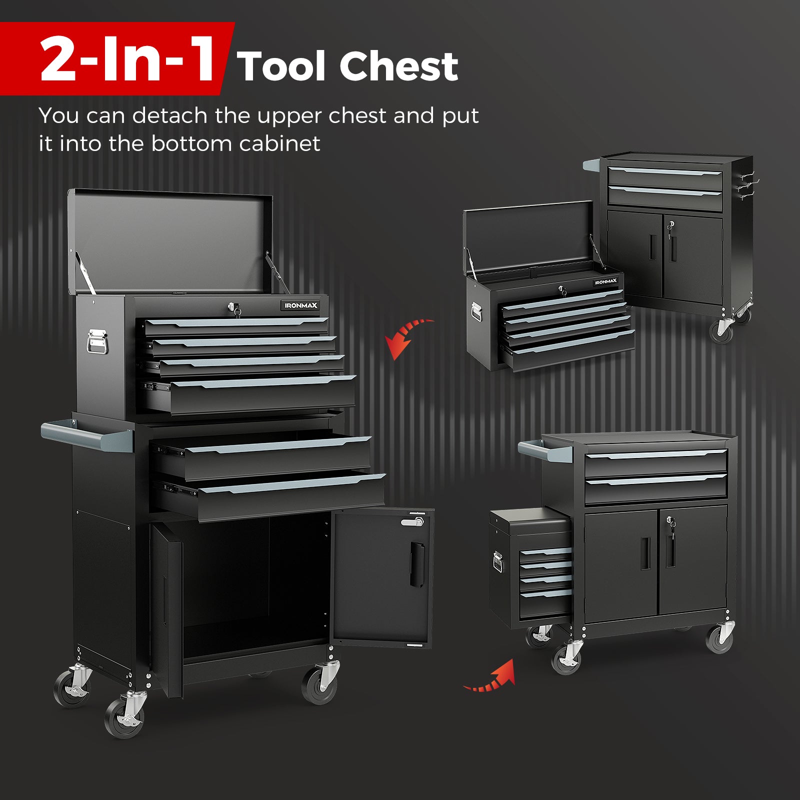 6-Drawer Rolling Tool Storage Chest Cabinet with Universal Wheels and Hooks-Black with detachable top chest and slide doors