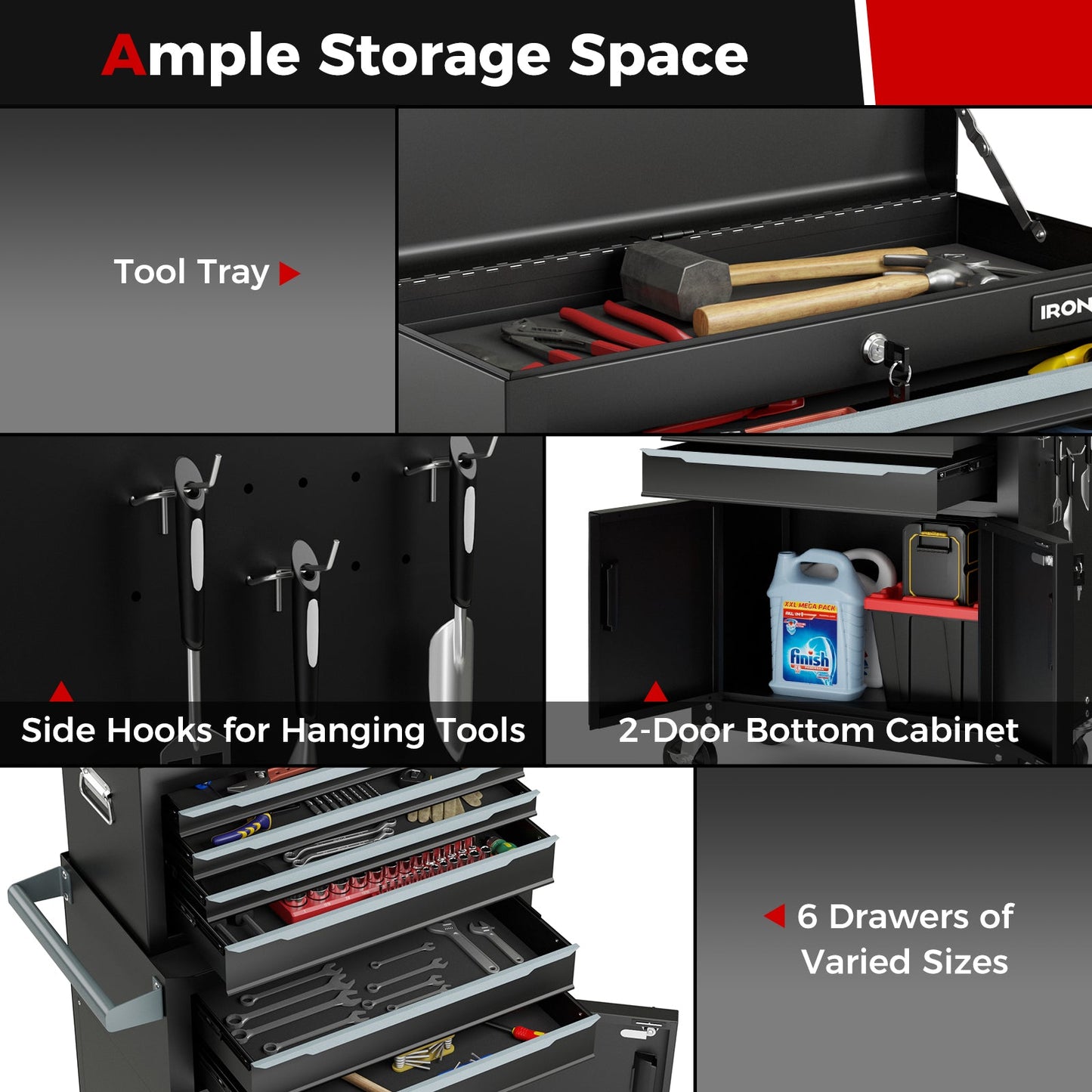 6-Drawer Rolling Tool Storage Chest Cabinet with Universal Wheels and Hooks-Black showing ample storage and tool organization.