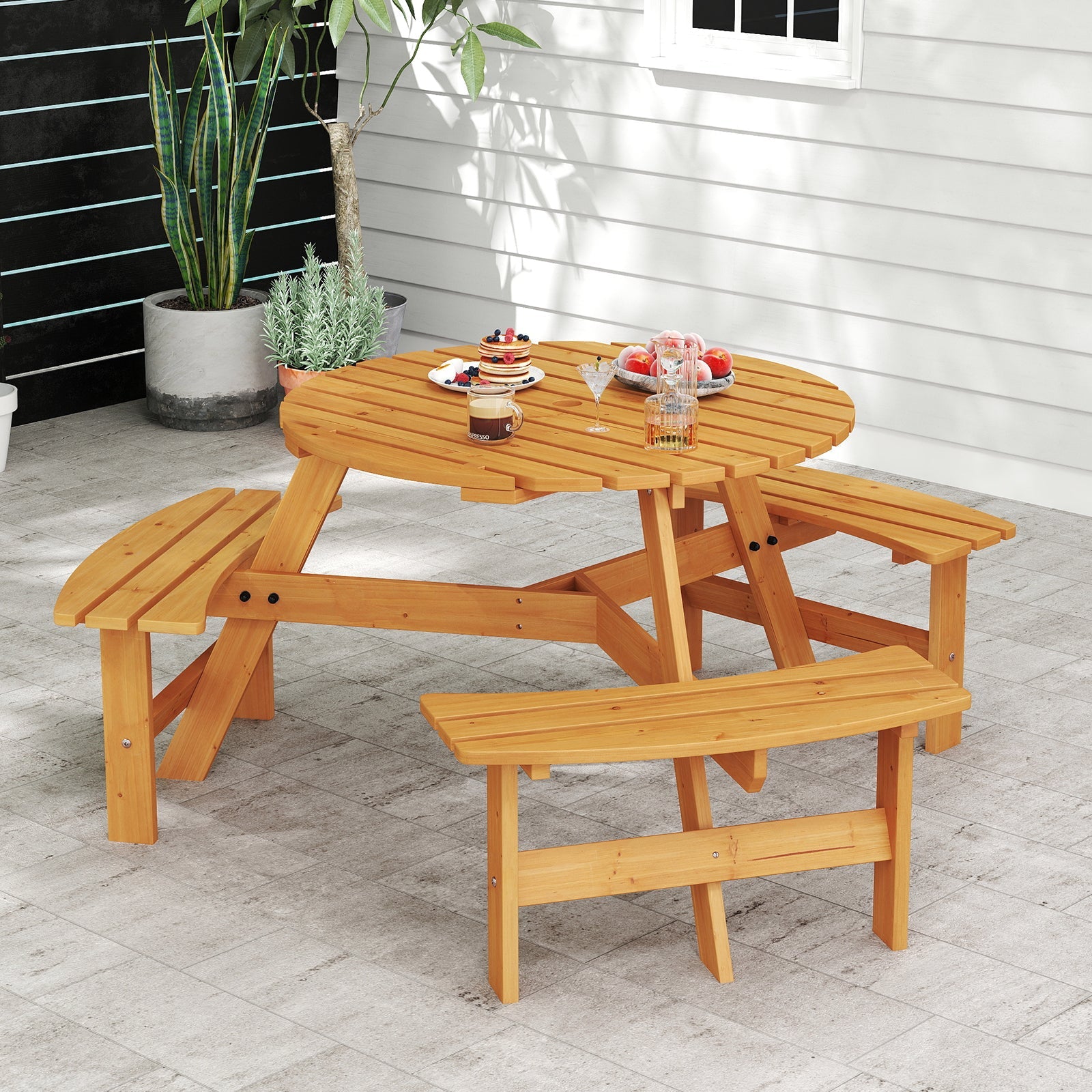 6-Person Round Picnic Table Set with 3 Built-in Benches and Umbrella Hole-Yellow, fir wood, waterproof, ideal for outdoor dining