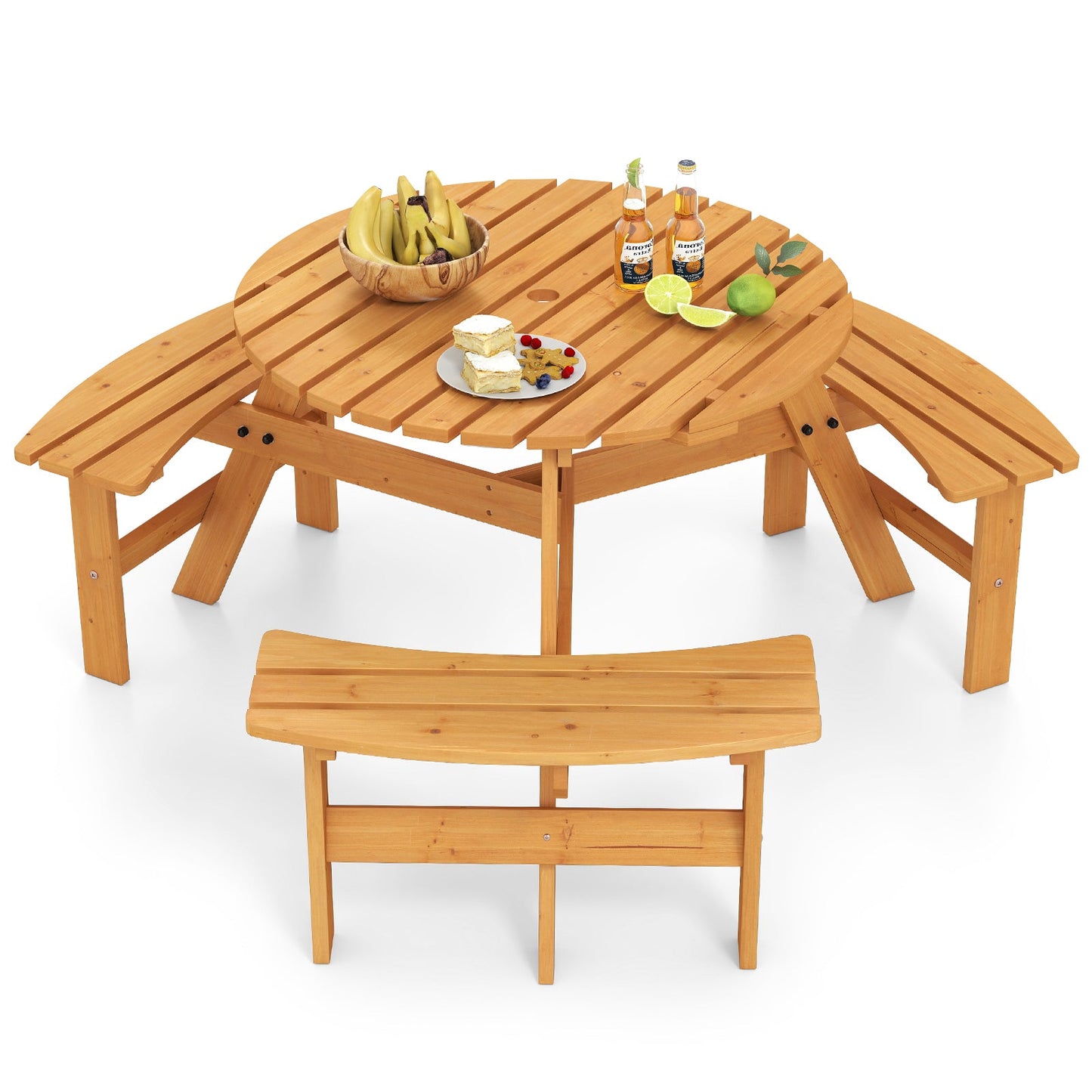 6-Person Round Picnic Table Set with 3 Built-in Benches and Umbrella Hole-Yellow crafted from durable fir wood for outdoor use