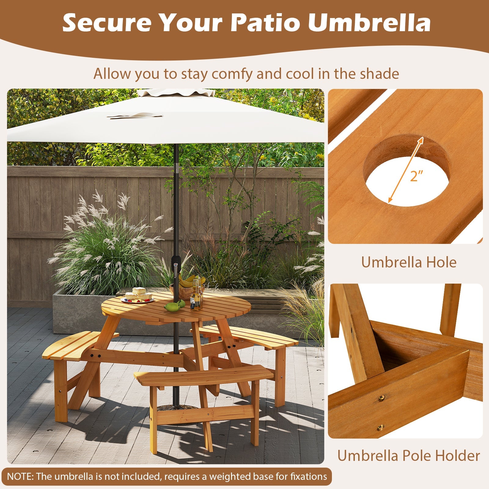 6-Person Round Picnic Table Set with 3 Built-in Benches and Umbrella Hole-Yellow in garden setting