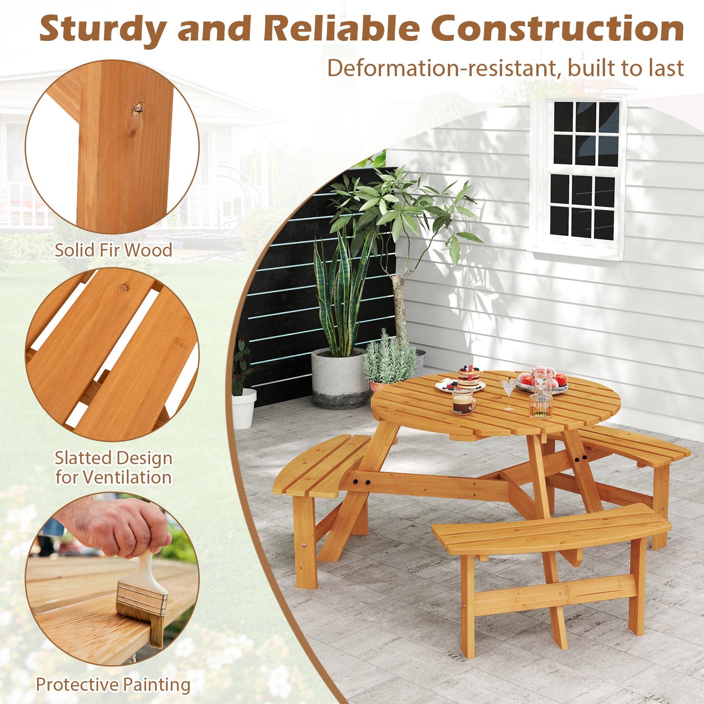 6-Person Round Picnic Table Set with 3 Built-in Benches and Umbrella Hole-Yellow made of natural fir wood for outdoor use