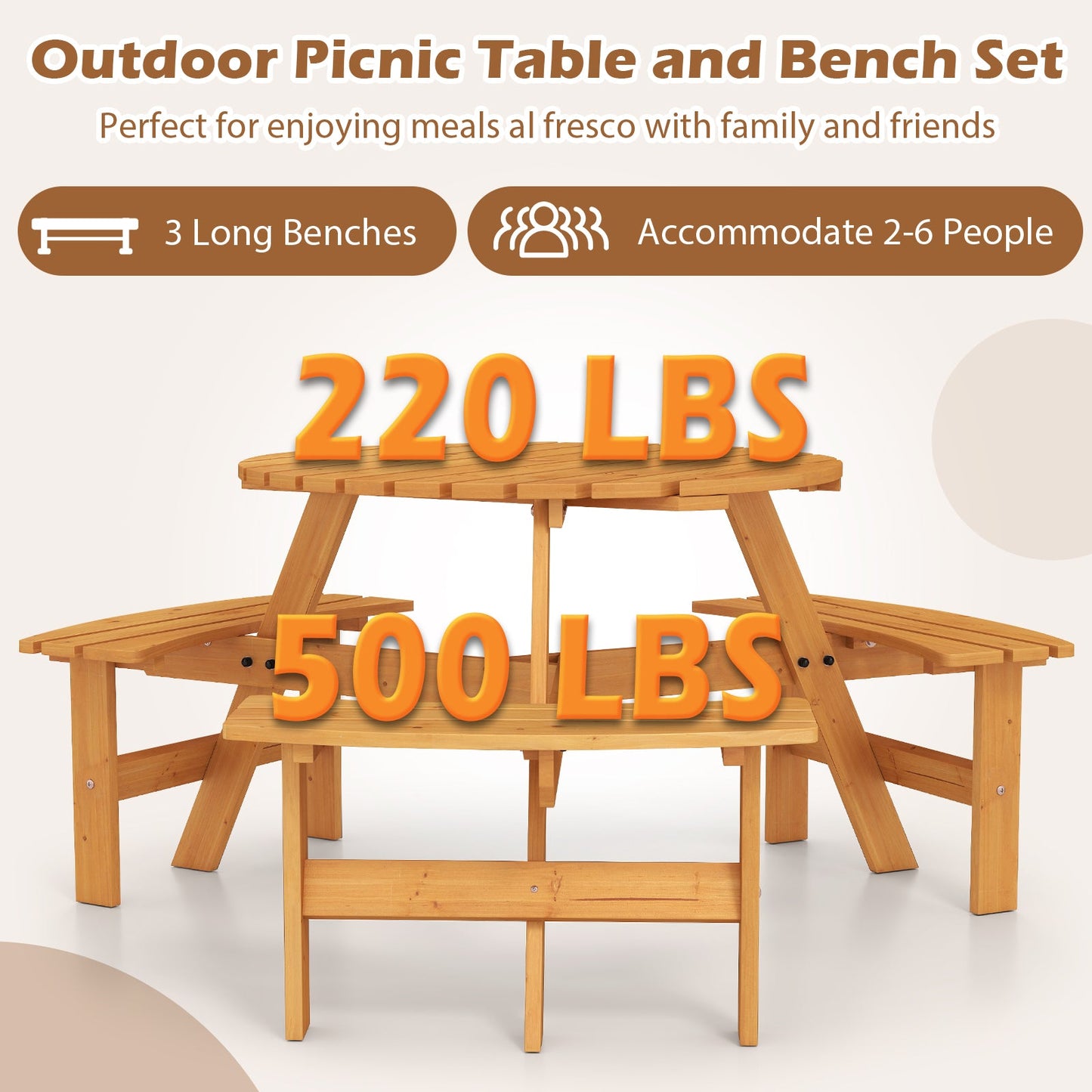 6-Person Round Picnic Table Set with 3 Built-in Benches and Umbrella Hole-Yellow, perfect for outdoor meals with family and friends.