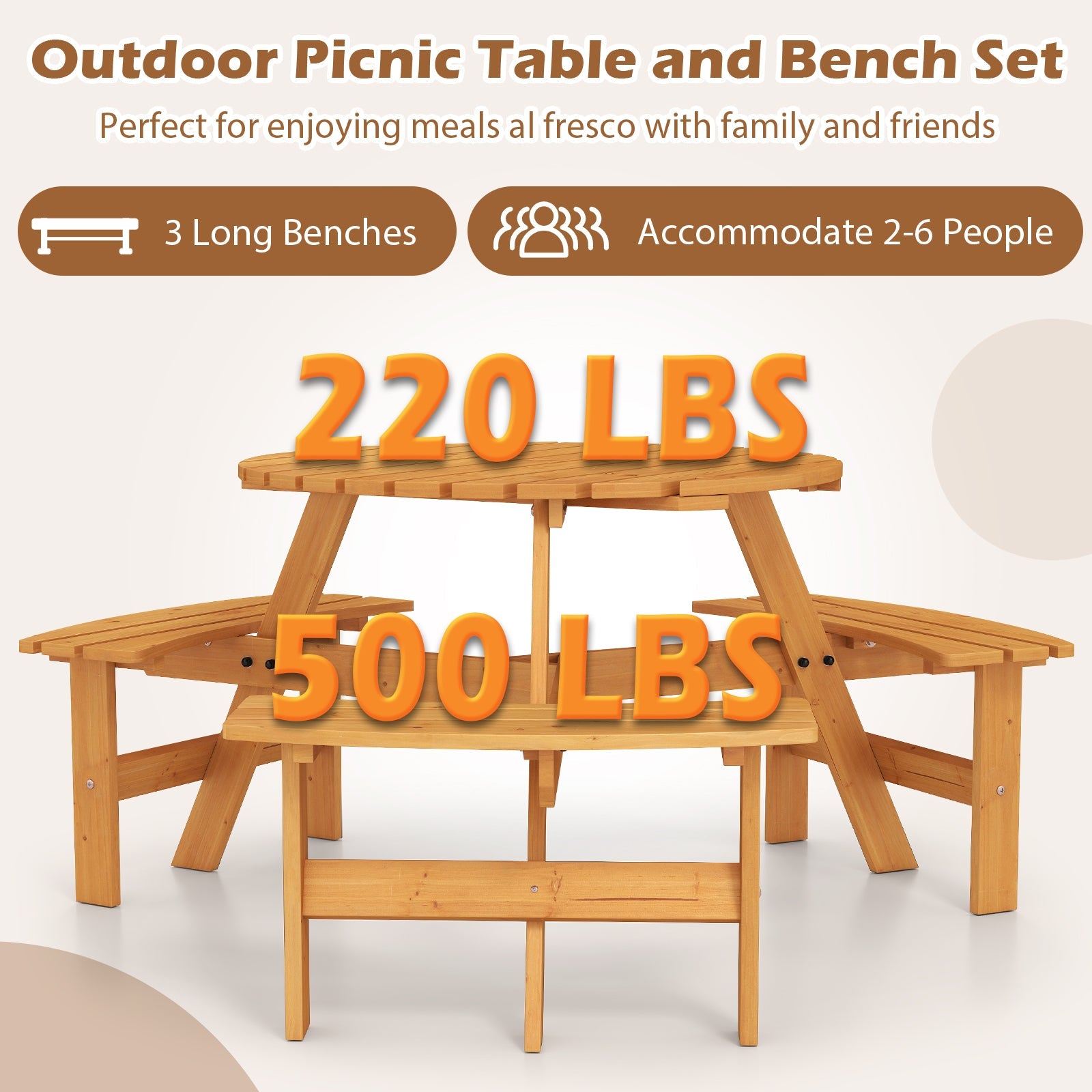 6-Person Round Picnic Table Set with 3 Built-in Benches and Umbrella Hole-Yellow, perfect for outdoor meals with family and friends.