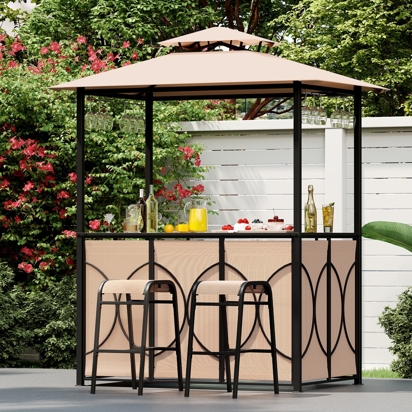 6.5 x 4 x 8 FT Grill Gazebo Set with 2 Bar Stools and Bar Table-Brown in a garden setting