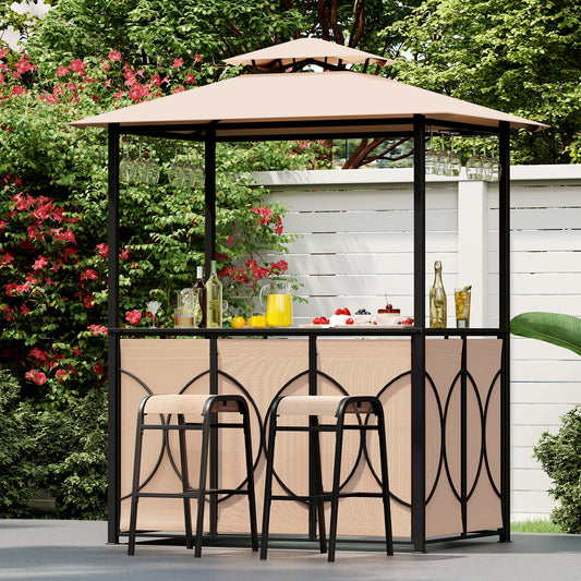 6.5 x 4 x 8 FT Grill Gazebo Set with 2 Bar Stools and Bar Table-Brown in a garden setting