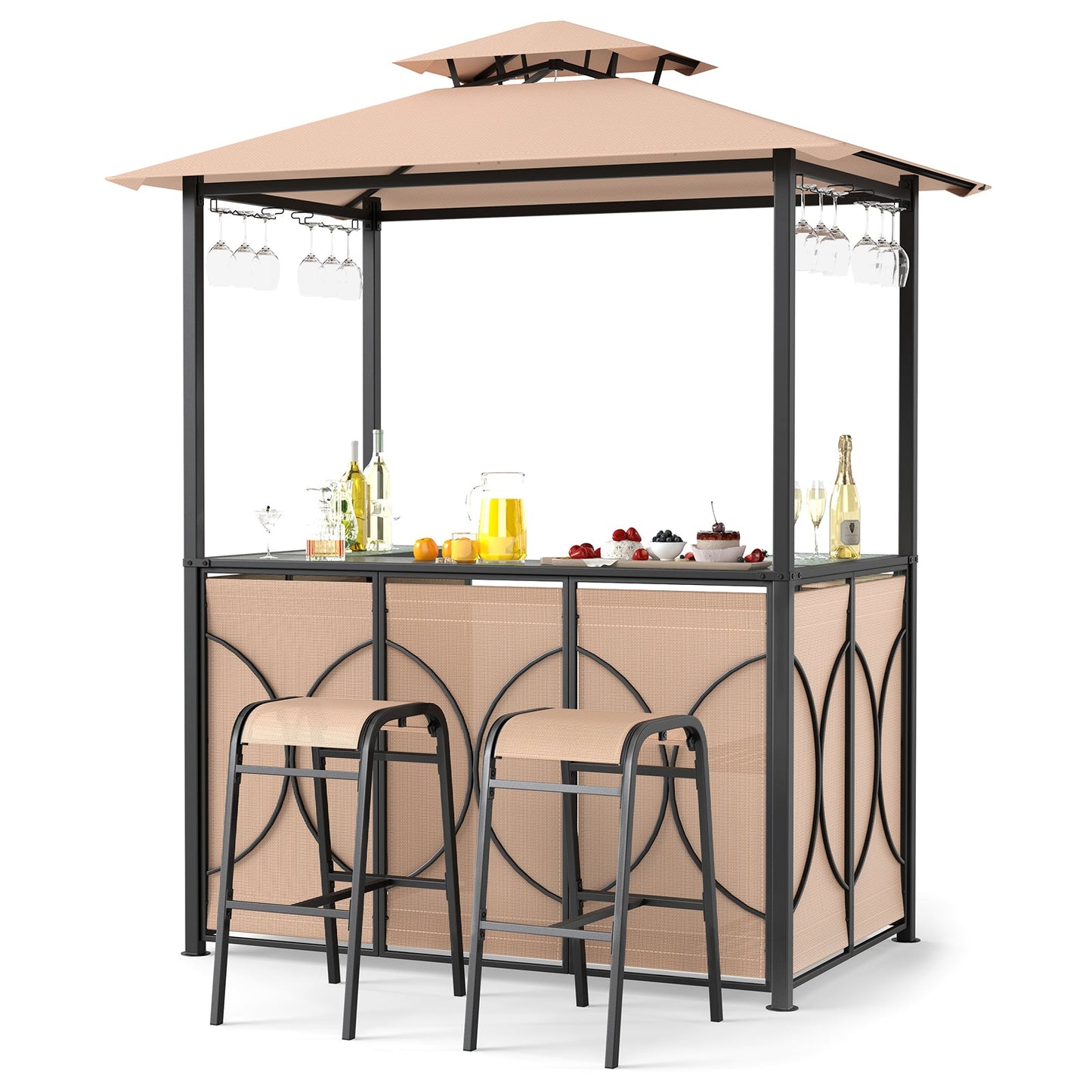 6.5 x 4 x 8 FT Grill Gazebo Set with 2 Bar Stools and Bar Table-Brown, featuring a double roof design and tempered glass tabletop.