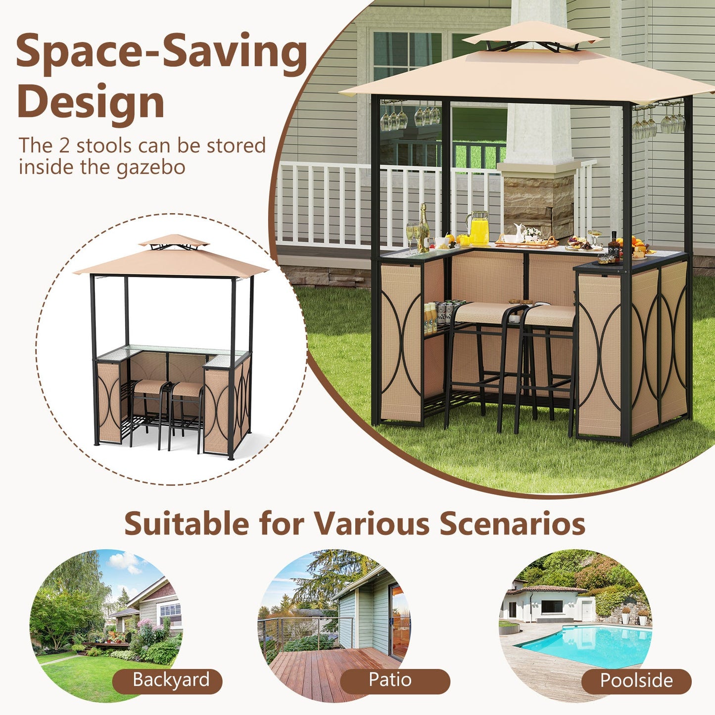 6.5 x 4 x 8 FT Grill Gazebo Set with 2 Bar Stools and Bar Table-Brown, suitable for backyard, patio, and poolside spaces.