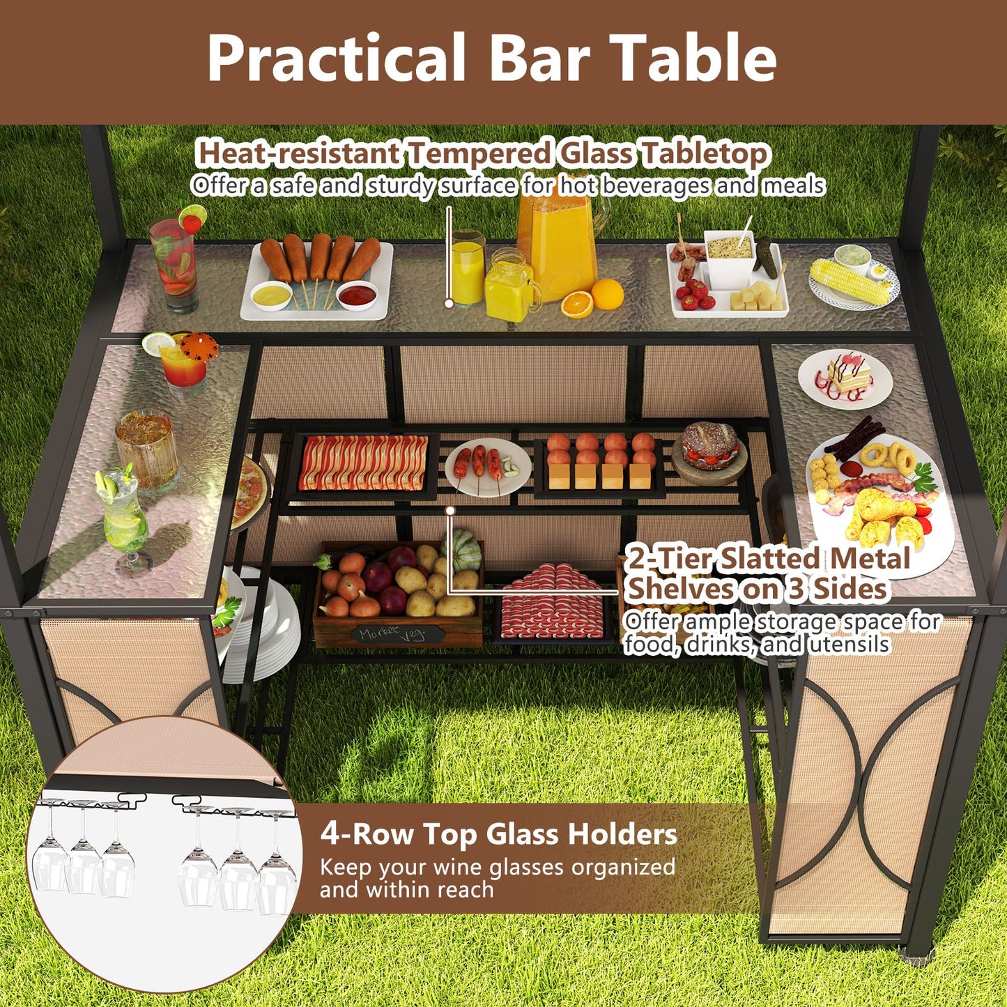 Top view of the grill gazebo set with heat-resistant tempered glass tabletop and 2-tier slatted metal shelves for organization.