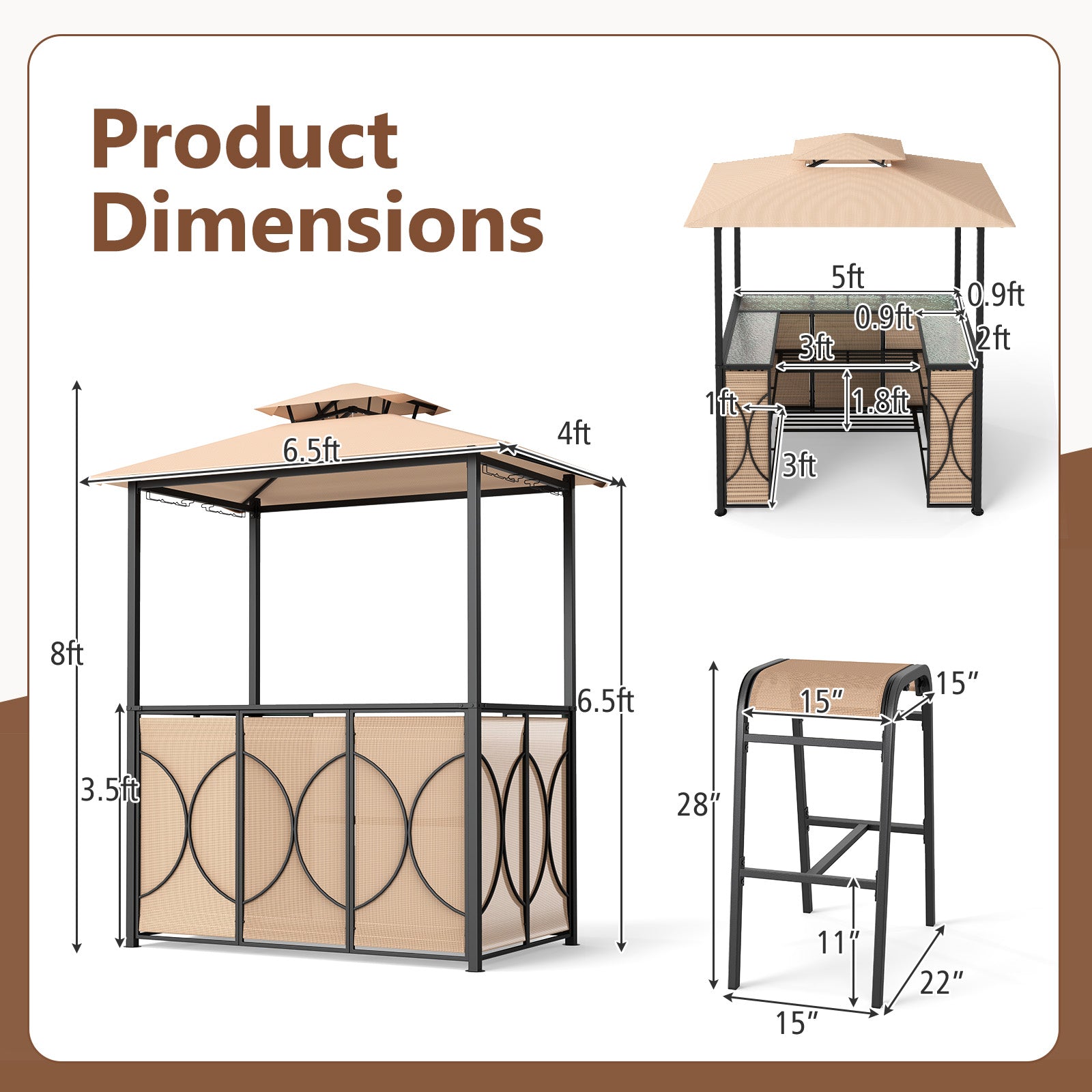 Dimensions of 6.5 x 4 x 8 FT Grill Gazebo Set with 2 Bar Stools and Bar Table-Brown