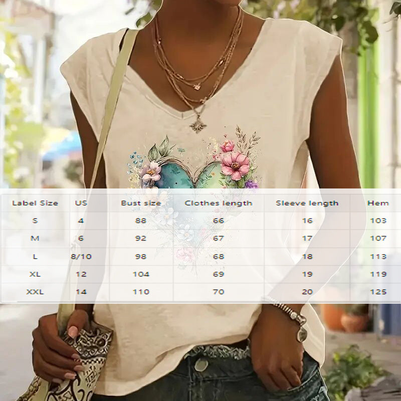 Short Sleeve T-Shirt Floral Heart Print Summer Casual Top