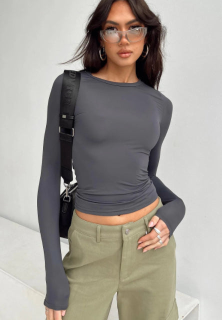 Slim Fit Long Sleeve Shirt | Women's Casual Crop Tops in gray with stylish collar and long sleeves, worn by a fashionable woman.