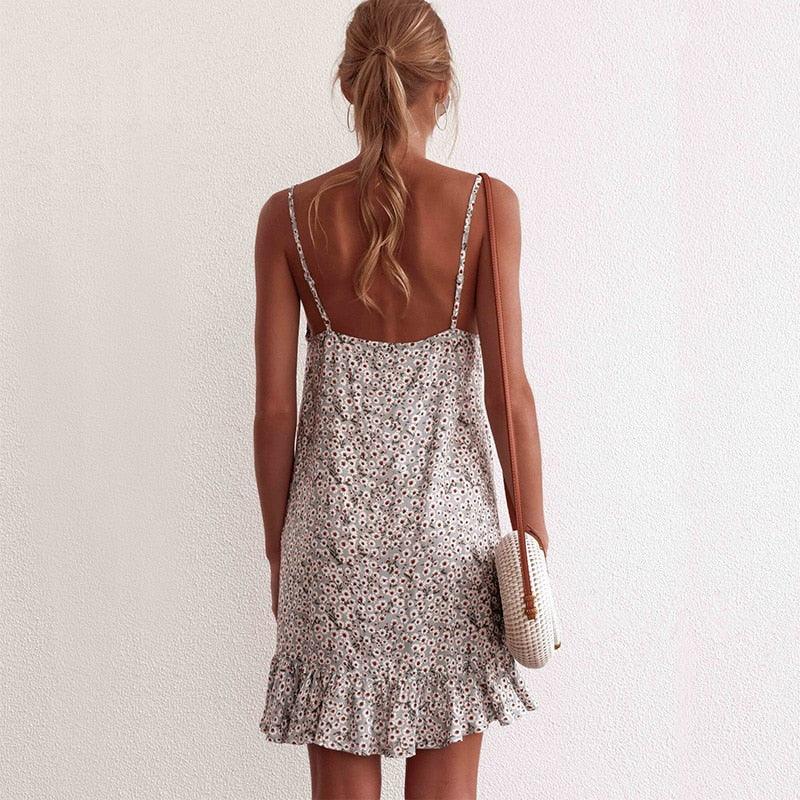 Back view of Floral Print Summer Dress Spaghetti Strap Mini Dress Ruffled, perfect for casual outings and warm weather events.