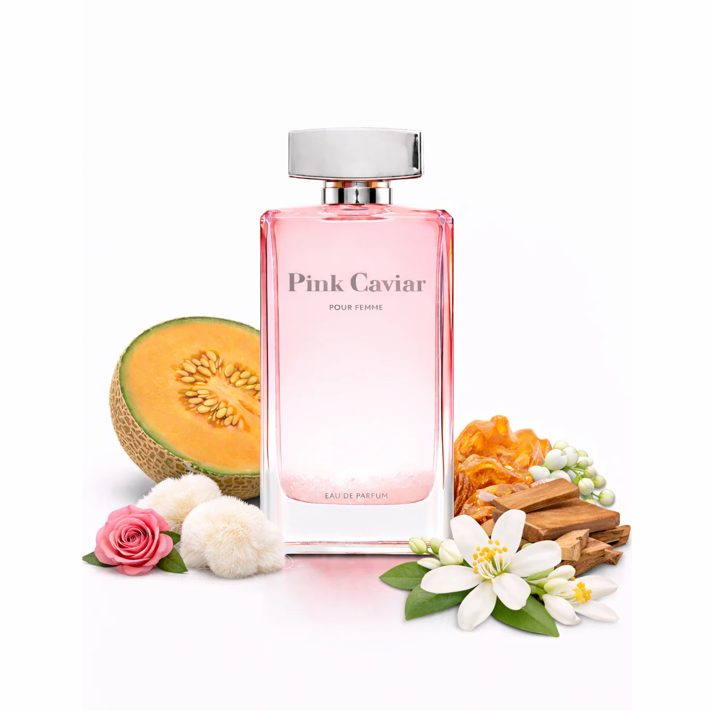 Syren - Pink Caviar perfume bottle surrounded by melon, flowers, and spices