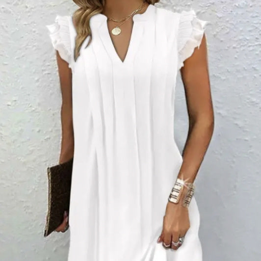 Ladies’ Notch V‑Neck Pleated Petal‑Sleeve Maxi Dress