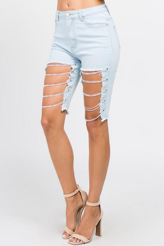 Cutoff Bermuda Shorts with Chains | Country Girl Denim Shorts for Summer & Spring - trendy chain detailed denim shorts