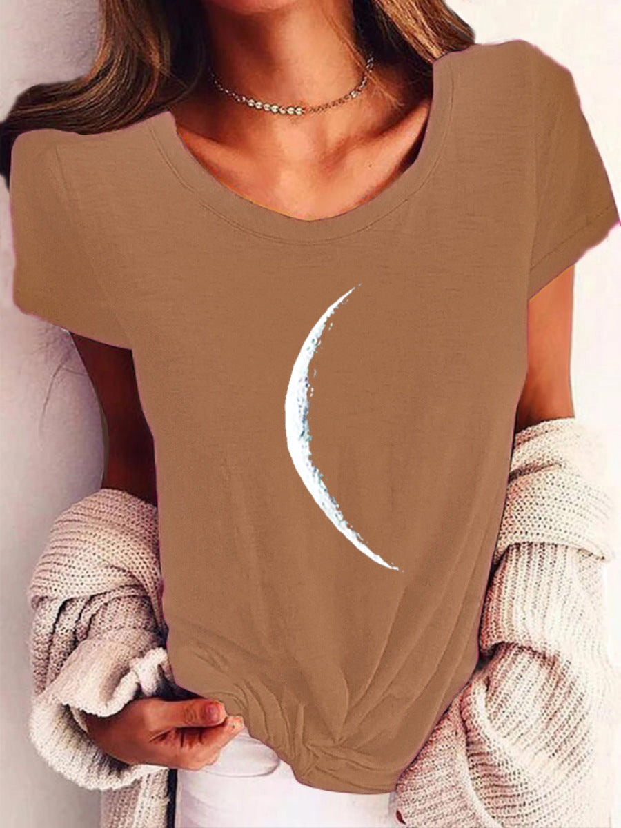 Wide Collar Printed T-Shirt – Casual Short Sleeve Top for Women with a crescent moon print, perfect for casual style and comfort.