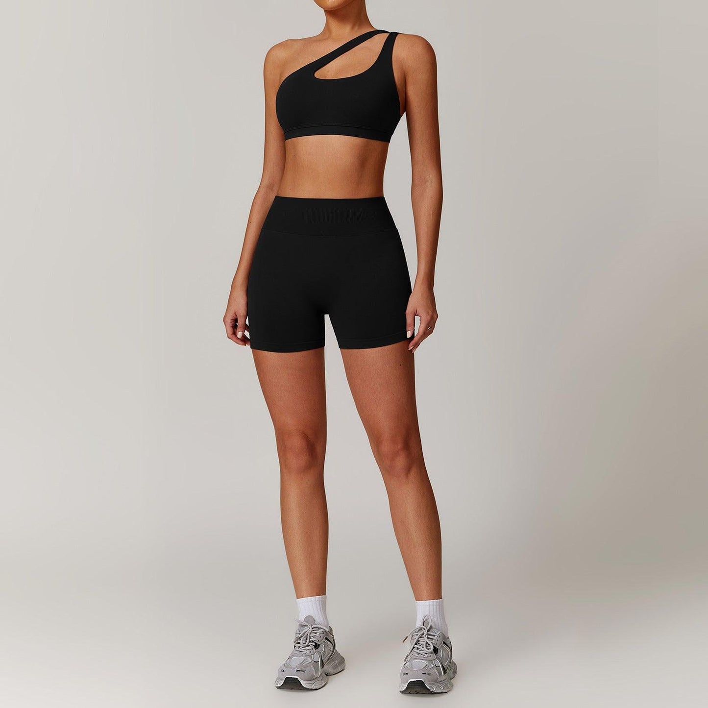 Slant Shoulder Bra + High-Waisted Shorts Yoga Set | Country Girl Fitness Outfit in black, showcasing modern fitness fashion for active women.