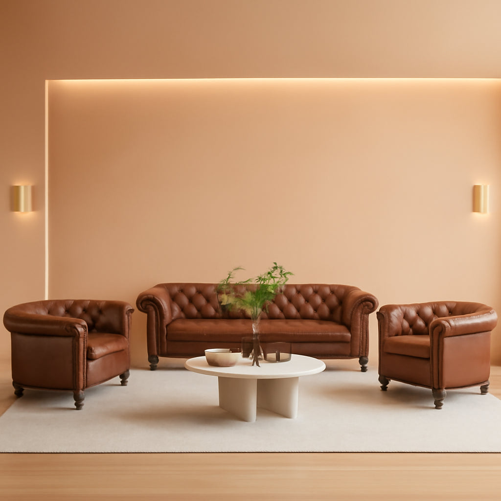 3 Piece Chesterfield Leather Living Room Set Sofa Loveseat Chair Dark Brown with Scroll Arms and Nailhead in a modern setting