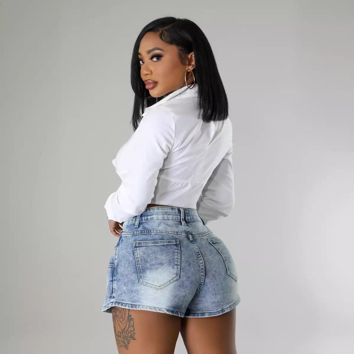 Denim Half Skirt Button-Up Shorts for Country Girls and Bartenders, rear view showcasing stylish and comfortable design.
