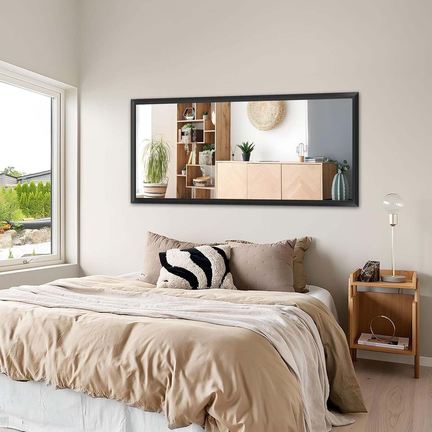 Black Bathroom Mirror 50x30 Inch Over Two Sinks Wall Mount in modern bedroom setting.