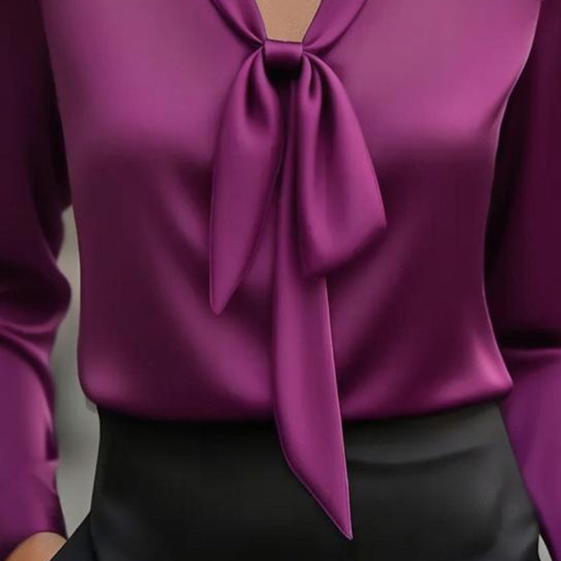 Elegant Satin Ribbon Blouse — Long Sleeve Button-Down Work Shirt with ribbon detail in purple satin, suitable for office wear.