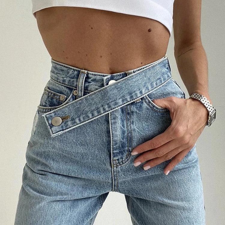 Close-up of Retro Oblique Belted High Waist Straight Wide Leg Jeans for Cowgirls highlighting unique belt and denim fabric.