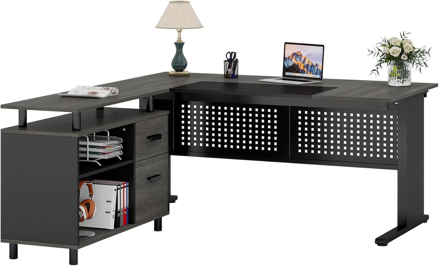 63 Inch Executive Desk With Integrated Cabinet Gray featuring large desktop, file cabinet, storage drawers, and shelves for workspace optimization.