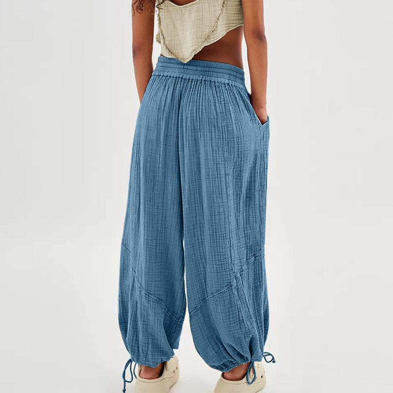 Women’s Solid Color Wide Leg Pants – Elastic Drawstring Waist and Side Pockets