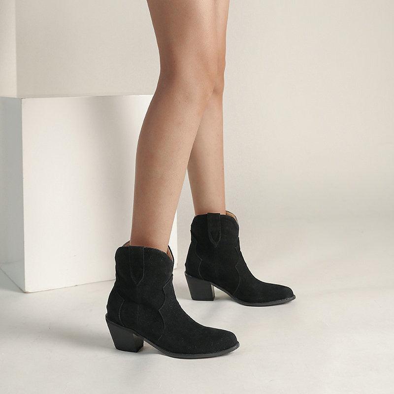 Cowgirl Chic Suede Ankle Boots - Stylish High Heel Cowgirl Boots for Women in black cowhide suede with a 3-inch thick heel.