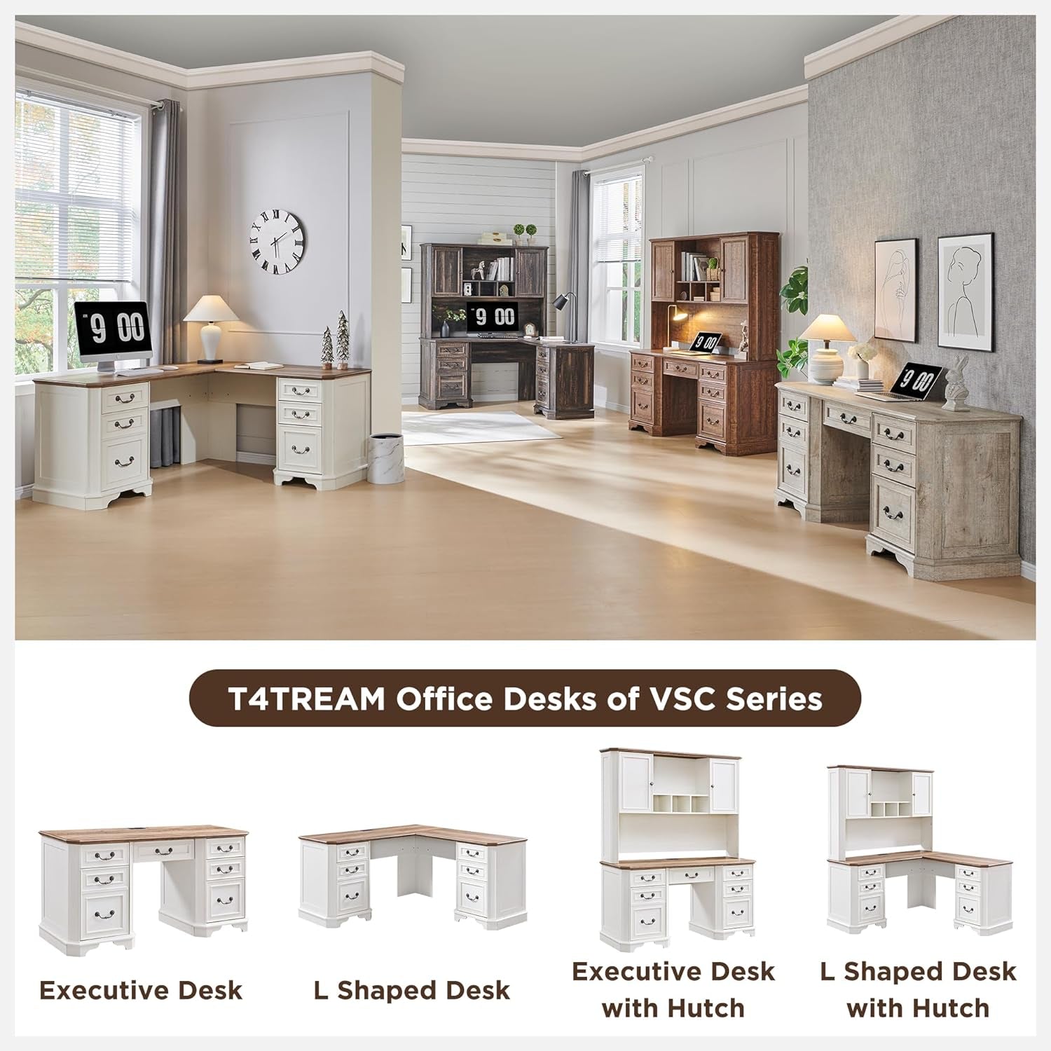 Elegant office setup featuring multiple T4TREAM VSC Series desks including Executive Desk, L Shaped Desk, and Executive Desk with Hutch.