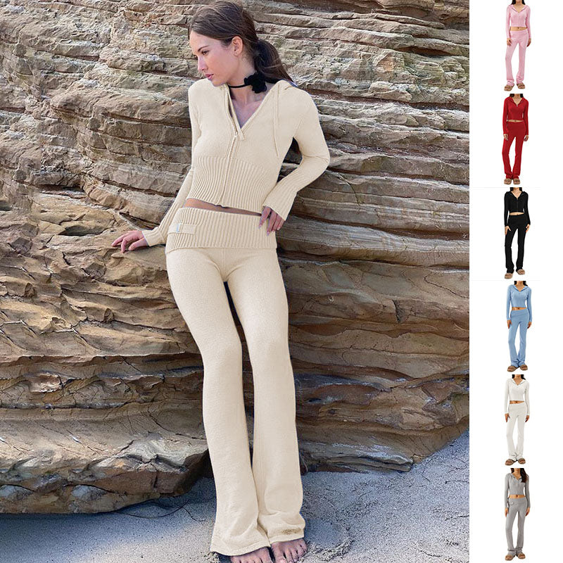 Women’s Knitted Hooded Two-Piece Set – Cardigan & High-Waisted Pants Suit in multiple colors displayed on a model outdoors.